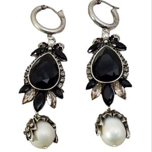 BLACK CRYSTAL & PEARL DROP EARRINGS, NWOT